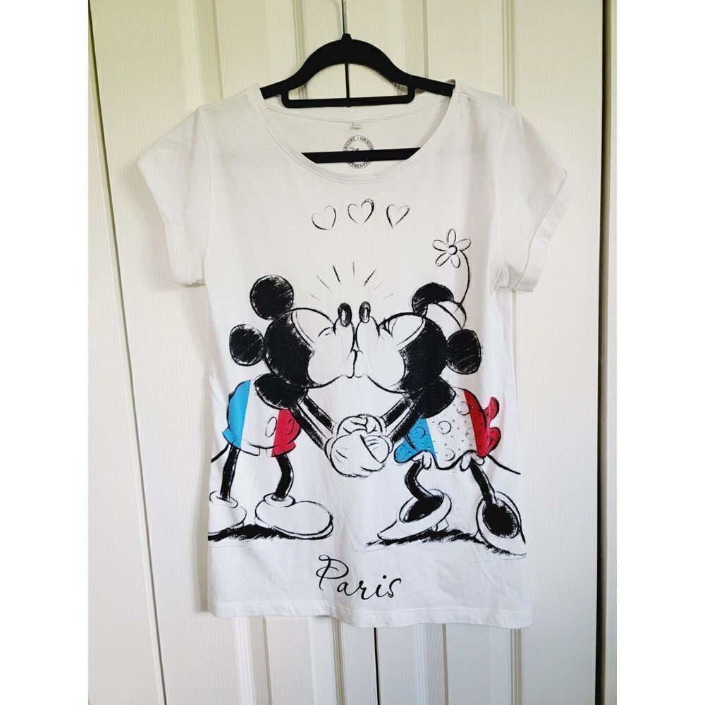 Disney Women's M Minnie Mickey  Mouse Kiss T-Shirt White Beaded Cuff Slv. Medium